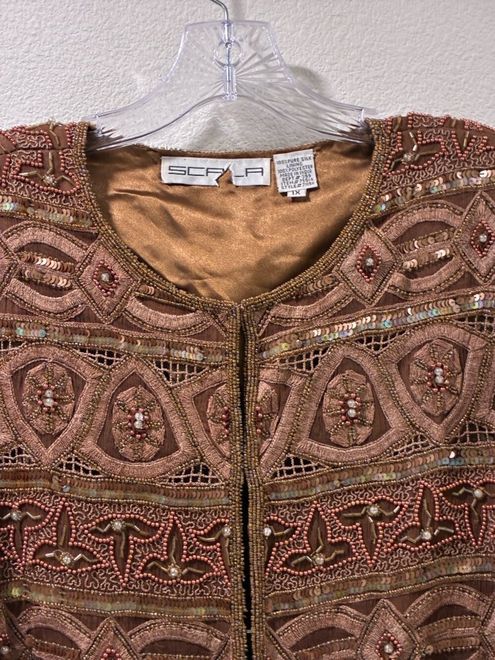 SCALA Vintage Beaded Embroidered Sequin Bronze Silk Evening Jacket Women 1X - Picture 6 of 13